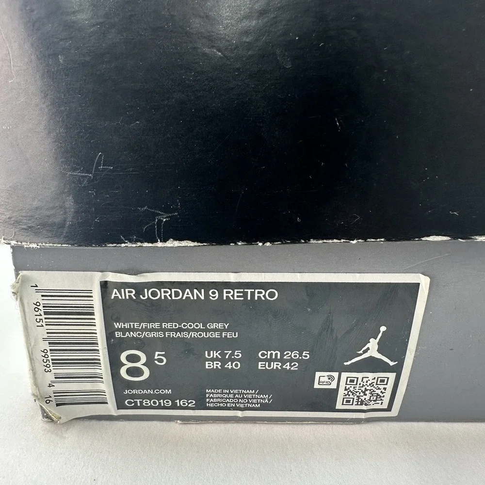 Nike Air Jordan 9 Retro Fire Red CT8019-162 Men's Size 8.5 White Cool Grey